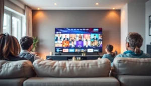 Watch family enjoying premium channels from https://bosstv.ca in a stylish living room.