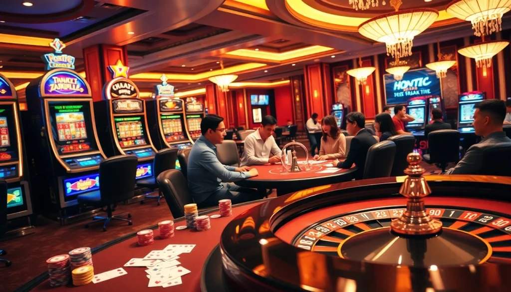 Experience the thrill of top nhà cái with an engaging casino scene showcasing vibrant gaming elements.