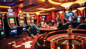 Experience the thrill of top nhà cái with an engaging casino scene showcasing vibrant gaming elements.