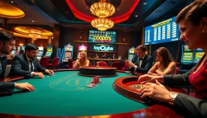 Engage in high-stakes poker at https://topclub.space/ with players enjoying excitement at a luxurious casino table.