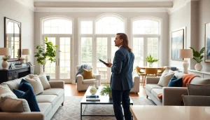 Real Estate agent showcasing a staged home to potential buyers during an open house.