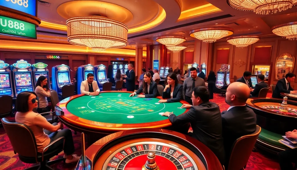 Engaging scene of gamblers playing at U888 casino tables, showcasing excitement and luxury.