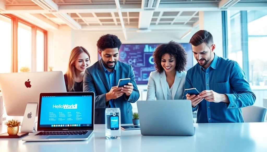 HelloWorld software enhances connectivity in a modern office, showcasing professionals collaborating with tech devices.