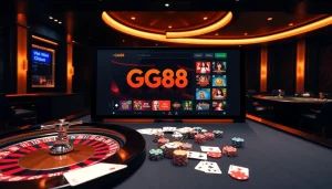 Capture the excitement of GG88 online gaming with vibrant casino tables and poker chips.