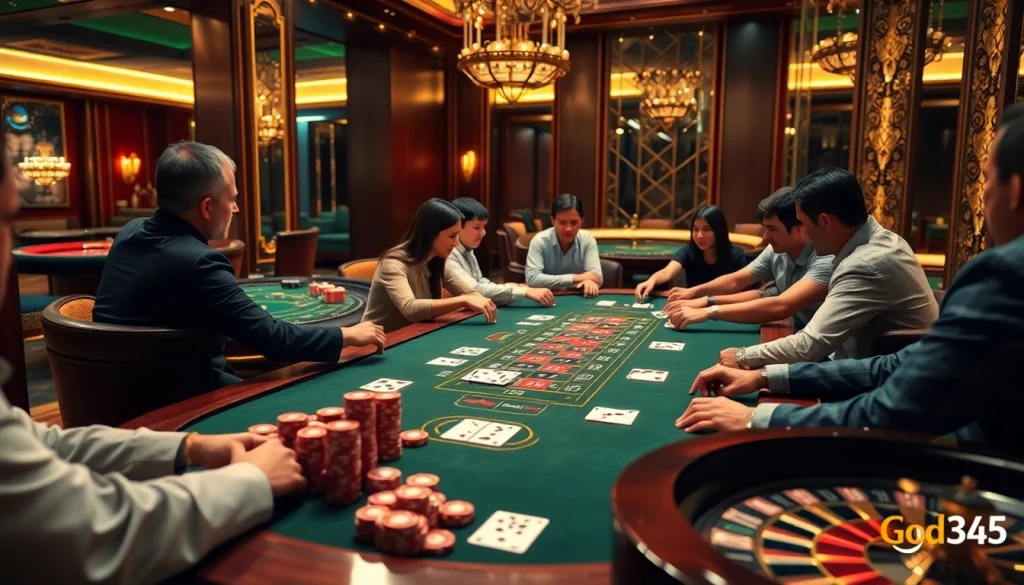 Experience the excitement at God345 casino with players strategizing at a poker table surrounded by luxury.