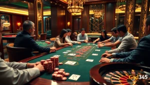 Experience the excitement at God345 casino with players strategizing at a poker table surrounded by luxury.