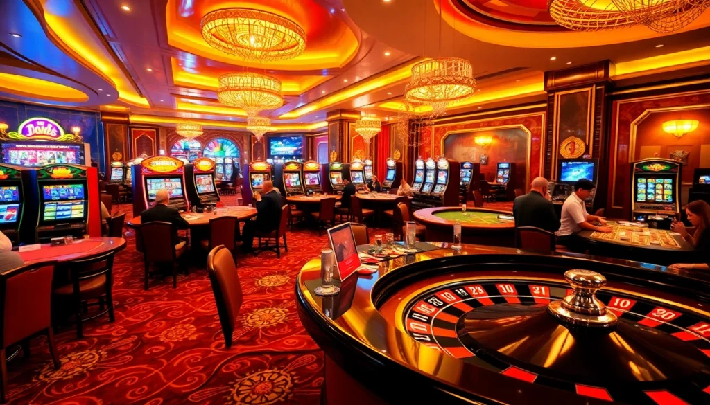 Thabet casino scene with elite players engaging at poker tables, vibrant slot machines, and a roulette wheel.