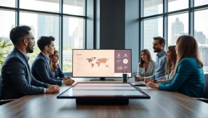 Business professionals collaborating in a modern office meeting space.