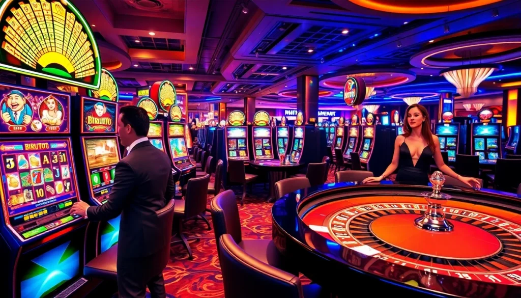 Engage in thrilling 'Birutoto' slot action on a vibrant casino floor with glamorous players.