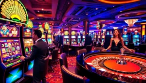 Engage in thrilling 'Birutoto' slot action on a vibrant casino floor with glamorous players.