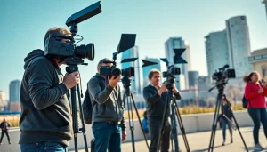 Video Production Company Calgary team filming in vibrant urban setting with professional equipment.