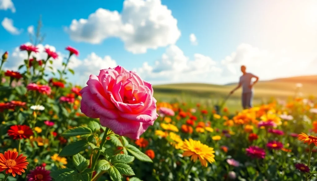 Gardening scene showcasing a blossoming rose bush surrounded by colorful flowers in vibrant natural light.