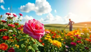 Gardening scene showcasing a blossoming rose bush surrounded by colorful flowers in vibrant natural light.
