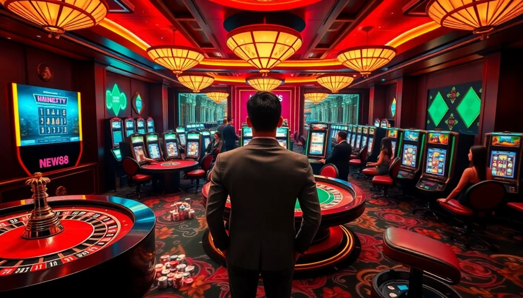 Exciting gaming action at NEW88 Trang chủ casino tables featuring roulette and poker.