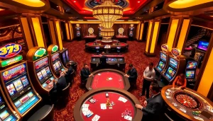 Exciting casino scene showcasing doaslot with players at slot machines and gaming tables.