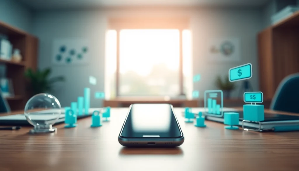 소액결제를 주제로 한 세련된 스마트폰과 재무 차트가 함께 담긴 마이크로페이먼트 개념 이미지.