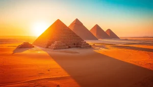 Witness the breathtaking Pyramids of Giza in Egypt, captured at sunset from above, bringing life to https://emegypt.net.