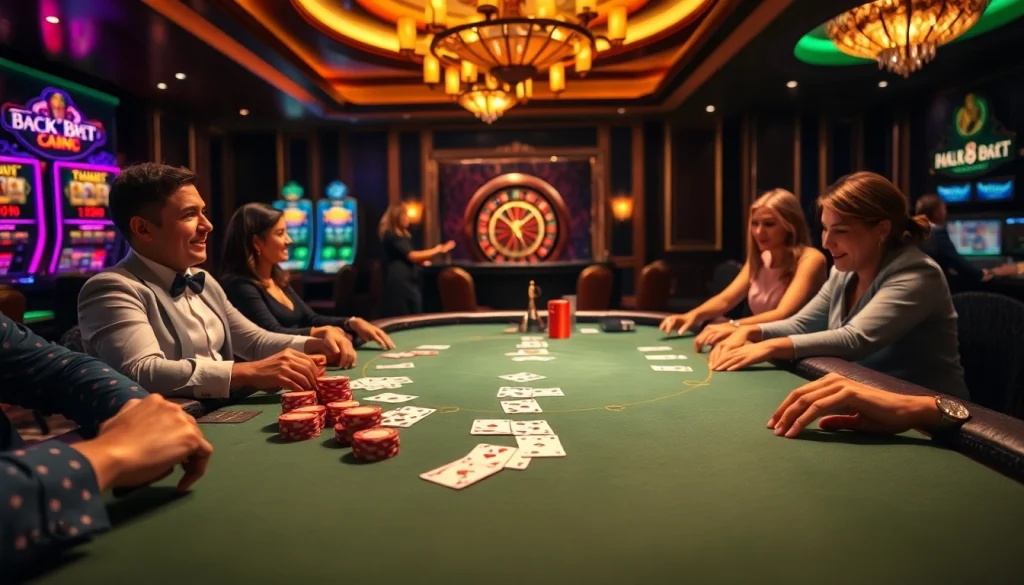 Players enjoy a thrilling game of poker at the exciting 188 bet casino, surrounded by vibrant slot machines.