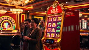 Players winning at the slot server kamboja no 1 in a luxurious casino setting, showcasing excitement and joy.