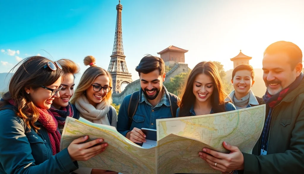 Engaging travel planning session with travelers at http://nuvelios.org in front of famous landmarks.