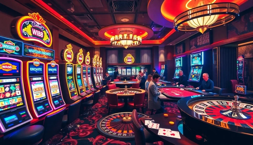 Experience thrilling gameplay at w88 with vibrant casino elements like slot machines and poker tables.