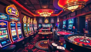 Experience thrilling gameplay at w88 with vibrant casino elements like slot machines and poker tables.