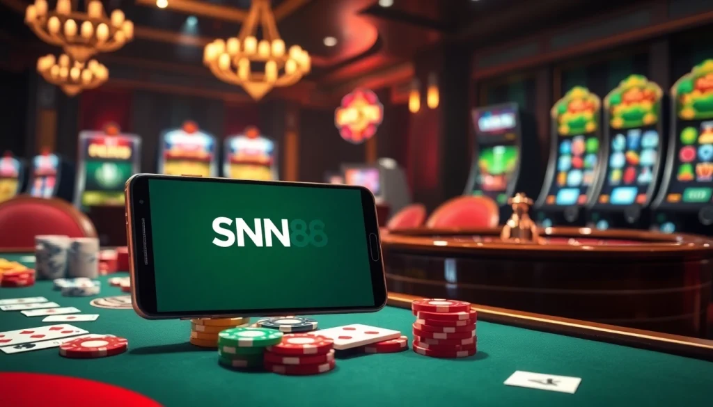 Engaging scene with SN888 App showcased on a smartphone amid vibrant casino games and luxurious poker elements.