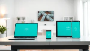 快连VPN app interface displayed on multiple devices in a modern office setting.