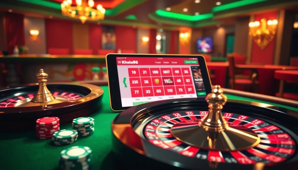 Khela88 Bangladesh casino scene with roulette, poker chips, and an online betting interface, showcasing excitement and luxury.