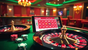 Khela88 Bangladesh casino scene with roulette, poker chips, and an online betting interface, showcasing excitement and luxury.