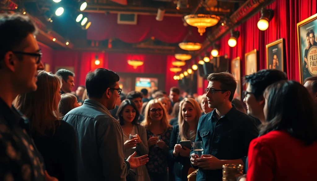 Engaging film festival scene with diverse attendees discussing filme excitement
