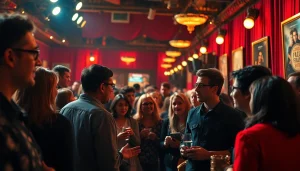 Engaging film festival scene with diverse attendees discussing filme excitement