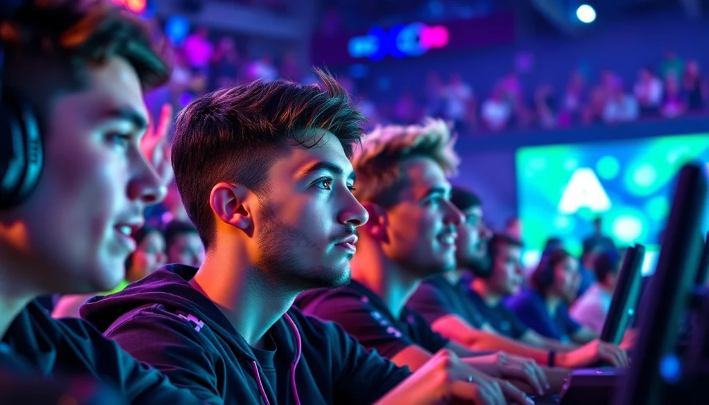 Watch esports athletes compete live at https://www.gamelevate.com in a vibrant gaming arena.