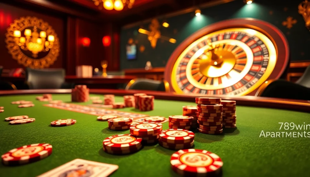 Experience the excitement of casino gaming with https://789win.apartments/ showcasing a luxurious poker table filled with colorful chips and cards.