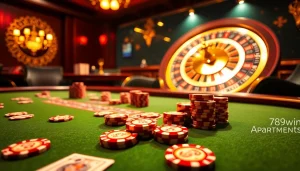 Experience the excitement of casino gaming with https://789win.apartments/ showcasing a luxurious poker table filled with colorful chips and cards.