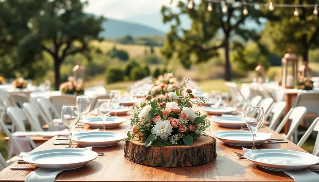 Showcasing compostable wedding plates beautifully arranged on a wedding table, emphasizing eco-friendliness.