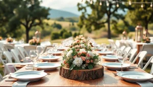 Showcasing compostable wedding plates beautifully arranged on a wedding table, emphasizing eco-friendliness.
