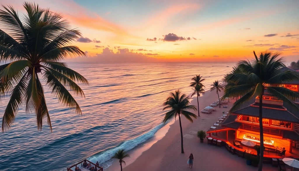Travel destinations at sunset featuring vibrant beach scenery and palm trees.
