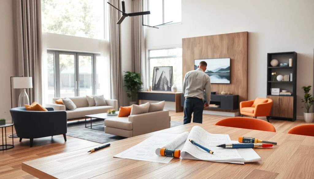 Home renovation project showcasing a stylish living room with a contractor working on a transformation.