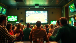Engaged bettors enjoying sports betting in Georgia during a lively game in a vibrant sports bar.