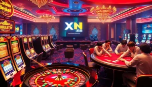 XN 88 casino scene showcasing thrilling gaming and luxury atmosphere with players at poker and roulette tables.