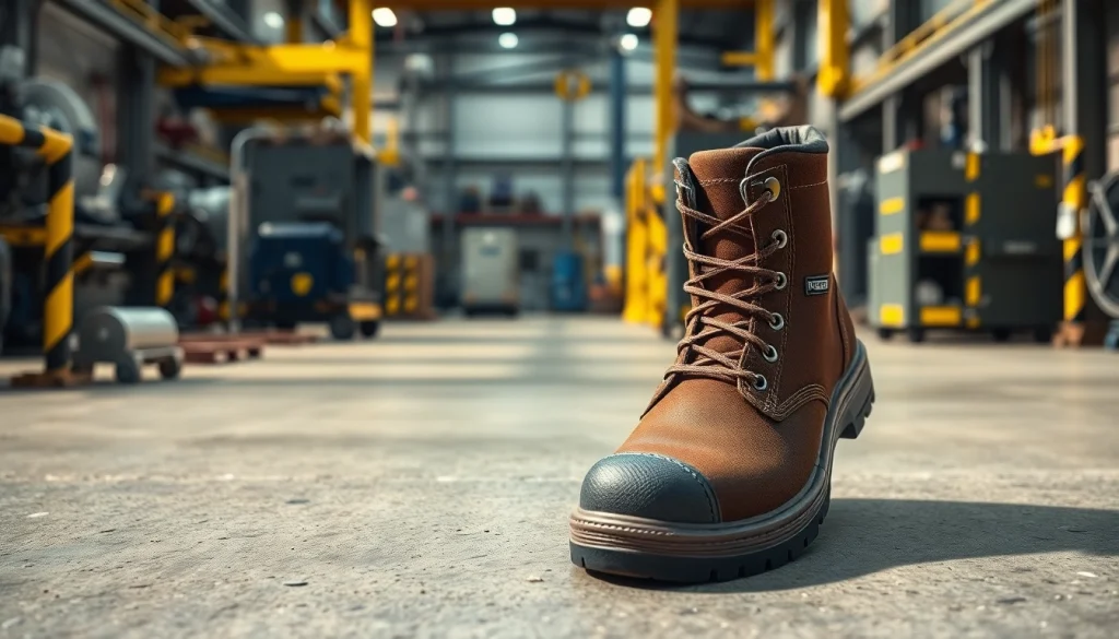 Exhibiting Safetoe steel toe shoes Kenya for industrial use on a rugged floor with safety equipment.