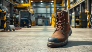 Exhibiting Safetoe steel toe shoes Kenya for industrial use on a rugged floor with safety equipment.