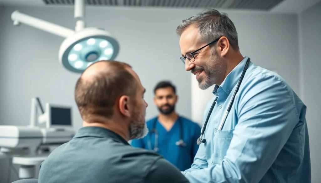 Consultation scene illustrating hair transplant istanbul with a surgeon and patient in a modern clinic