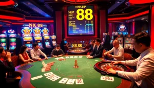 Join the excitement at the NK 88 casino with players celebrating big wins at tables and slots.