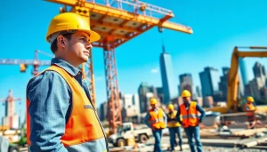 New Jersey Commercial General Contractor supervising a busy construction site with workers and equipment.
