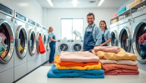 Laundry service near me with bright, clean laundromat showcasing professional staff and colorful laundry.