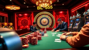 Professional players at a BL555 poker table strategizing for big wins amidst vibrant casino ambiance.