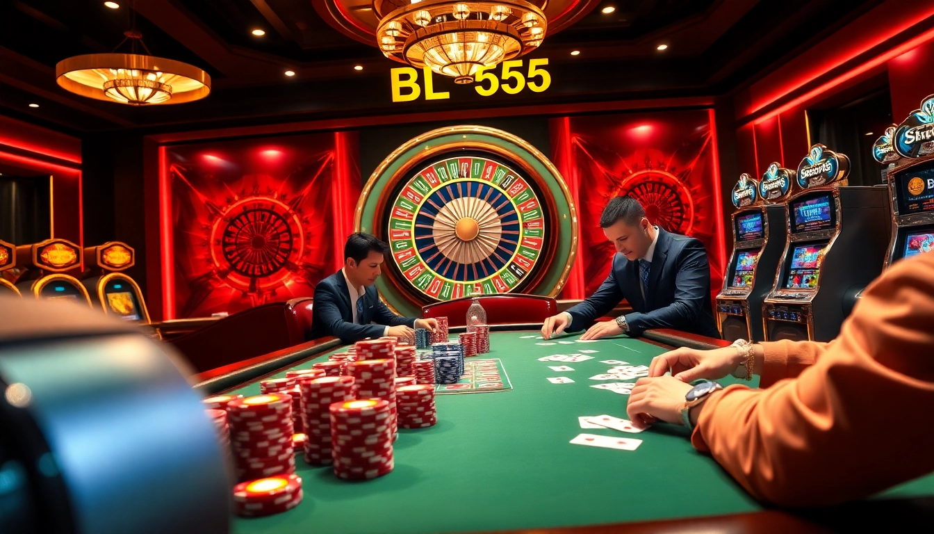 Professional players at a BL555 poker table strategizing for big wins amidst vibrant casino ambiance.