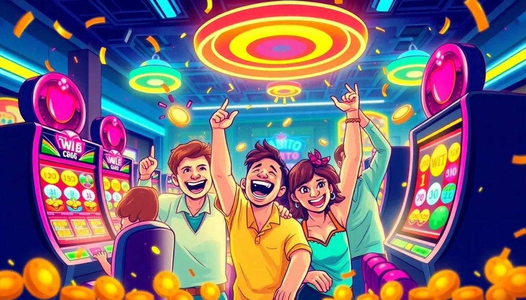 Menangkan peluang besar di petanitoto dengan slot berwarna-warni dan pemain yang bersorak.